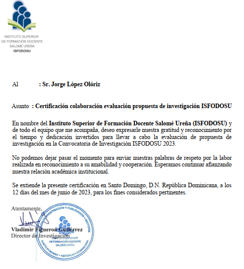 Reconeixement al Dr. López-Olóriz per contribuir a l'avaluació de propostes  de recerca a la República Dominicana